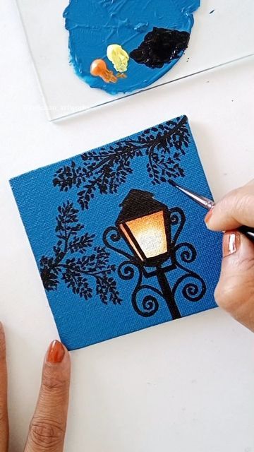 Cool Paintings Easy Canvases, Super Easy Acrylic Painting Ideas, Mini Canvas Moon Painting, Painting Ideas Window, Mini Canvas Art Watercolor, 4×4 Canvas Painting, Blue Colour Painting, Streetlight Drawing, Painting On Dark Background