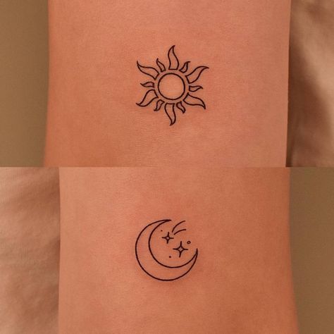 Sun And Moon Tattoos, Tattoo Sonne, Luna Tattoo, Maching Tattoos, Matching Friend Tattoos, Cute Matching Tattoos, Bestie Tattoo, Moon Tattoos, Sun Tattoos