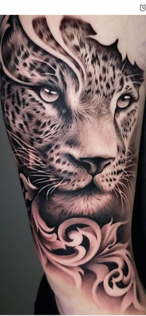 Leopard Tattoo Ideas, Tattoo Brazo Mujer, Tato Geisha, Snow Leopard Tattoo, Leopard Tattoo, Mum Tattoo, Big Cat Tattoo, Jaguar Tattoo, Animal Sleeve Tattoo