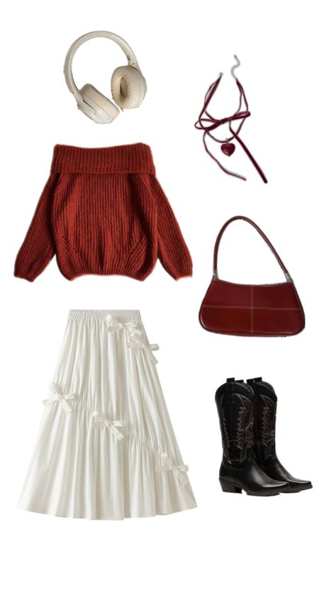 red and white outfit, off-the shoulder sweater and maxi white skirt Maxi White Skirt, Red And White Outfit, Red And White Outfits, Sweater And Skirt, Outfit Collage, White Outfit, Sweater White, Red Sweater, White Maxi