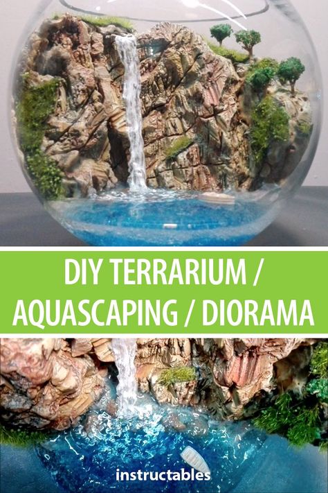 Create a realistic and beautiful waterfall landscape terrarium. This stunning display is created from bits and piece from nature, as well s resin, glue and some other materials. #aquascaping #diorama #nature #model #vivarium #landscaping #display #art Miniature Landscape Diy, Terrarium Waterfall Diy, Waterfall Model Project, Diorama Nature, Waterfall Diorama, Diorama Landscape, Waterfall Terrarium, Landscape Terrarium, Resin Waterfall