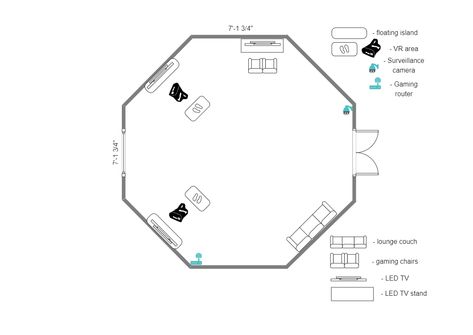 This is a proposed floorplan for the VR gaming room at OBBR. Start making floor plans using in-built templates and symbols provided by EdrawMax. Vr Room Design, Vr Room Interior Design, Vr Gaming Room, Vr Game Room, Game Room Layout, Ames Room, Cube Project, Vr Room, Bubble Diagram