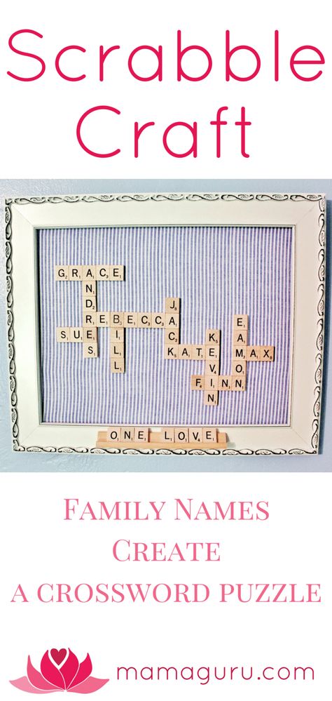 Here is a sweet DIY Project from Mamaguru: A Scrabble Craft using family names. Use game tiles to form a crossword puzzle with family names.… How To Make Scrabble Family Names, Scrabble Tiles Diy, Scrabble Family Names, Scrabble Letter Crafts, Scrabble Gifts, Diy Inspiration Board, Homemade Gift Idea, Scrabble Crafts, Mops Crafts