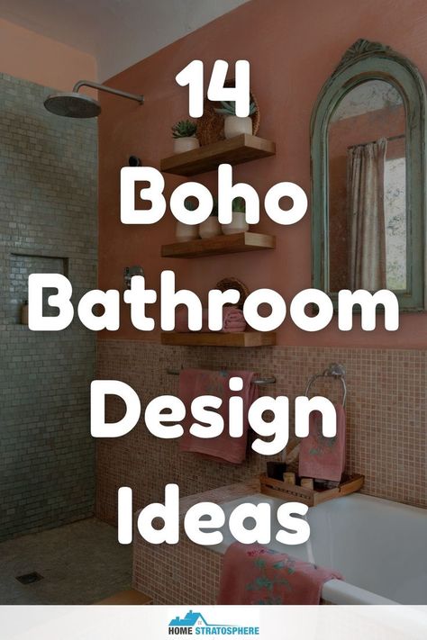 A boho bathroom design featuring warm colors, open shelving, and natural textures, offering inspiration for creating a relaxed bohemian space. Boho Bathroom Storage Ideas, Boho Bathroom Makeover On A Budget, Small Bathroom Decor Bohemian, Boho Shower Curtain Ideas, Boho Themed Bathroom, Boho Bad, Boho Bathroom Design, Rustic Boho Bathroom, Boho Chic Bathroom Decor