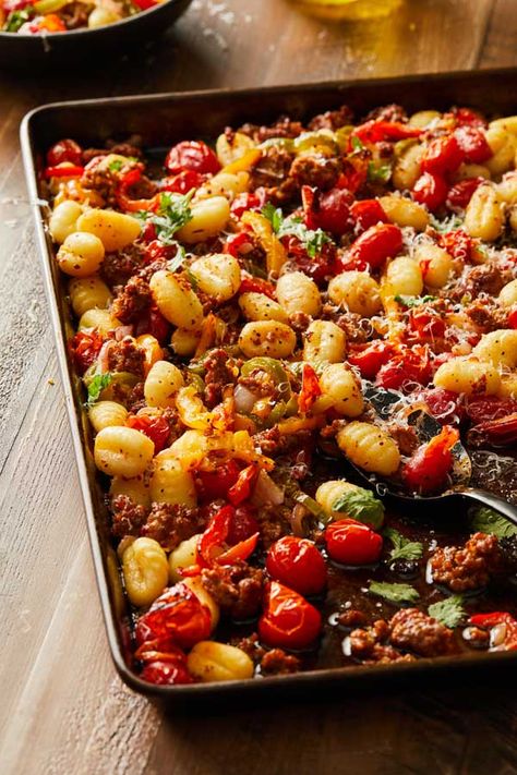 Delallo Recipes, Sheet Pan Gnocchi, Gnocchi Dishes, How To Cook Gnocchi, Sausage Peppers, Baked Gnocchi, Gnocchi Recipe, Potato Pasta, Sheet Pan Suppers