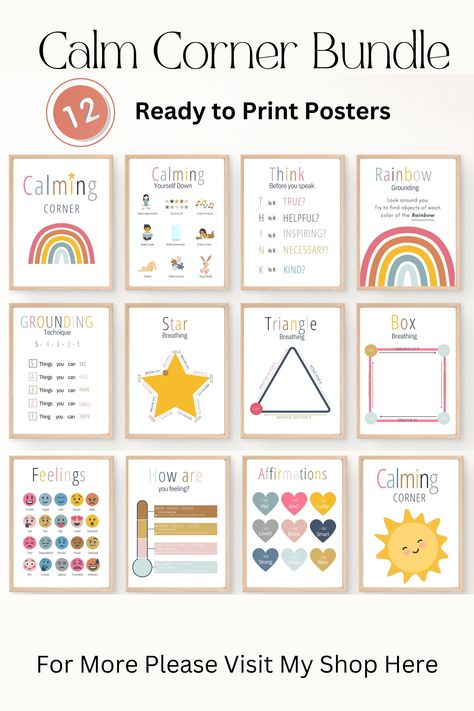 Calming Corner Bundle of 12 Posters is perfect for creating a calm and Cosy Safe in your Classroom, Playroom or a Counselor's office. It Helps Kids Regulate Their Emotions, Breathe and Get Better in Handling Tough Situations. It gives them Space to Think and Feel Better about Everyday Situations. Calm Space In Classroom, Safe Space Classroom, Calm Down Corner Posters, Classroom Calm Down Corner, Calm Corner In Classroom, Calming Corner Classroom, Calming Corner Posters, Forest Classroom, Calm Kids