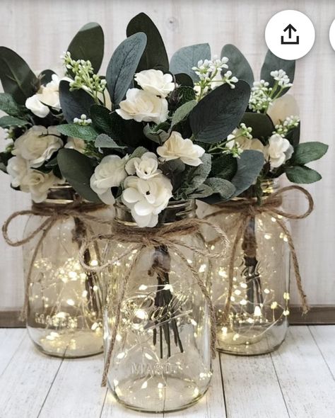 Celebration Of Life Centerpieces Simple, 25th Wedding Anniversary Party Ideas Diy, Mason Jar Table Decor, Rehearsal Dinner Decorations Table Simple Centerpiece Ideas, Round Table Decor Party, December Wedding Colors, Winter Wedding Arch, Night Before The Wedding, 25th Wedding Anniversary Party