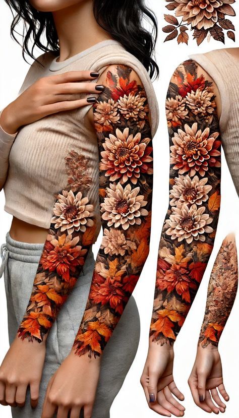 Fall Leaves Tattoo, Autumn Tattoo, Chrysanthemum Tattoo, Girls With Sleeve Tattoos, Theme Tattoo, Floral Tattoo Sleeve, Red Ink Tattoos, Red Tattoos, Arm Sleeve Tattoos