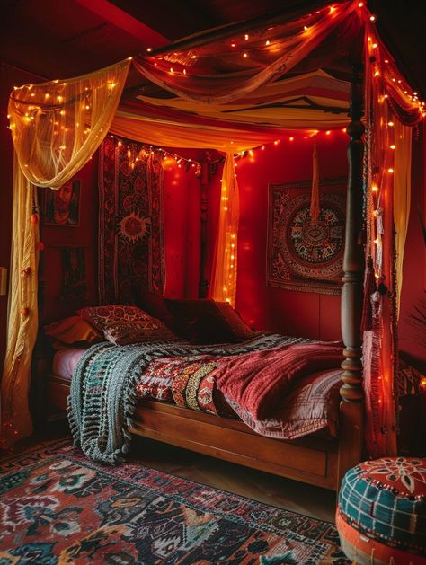 Dark Boho Bedroom Ideas, Red Bedroom Aesthetic, Jewel Tone Bedroom, Red Room Decor, Dark Boho Bedroom, Bedroom Aesthetic Cozy, Dark Boho, Bedroom Aesthetics, Red Bedroom