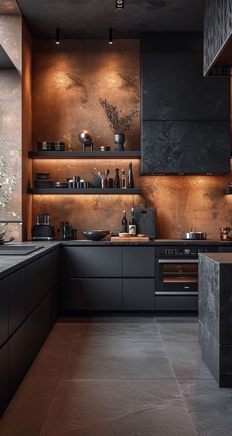 Interior Design Black And Gold, Black Top Kitchen, Industrial Design Kitchen, Black Walls Kitchen, Interior Design Ideas Kitchen, Industrial Kitchen Ideas, Modern Dark Kitchen, Dark Kitchen Ideas, Small Kitchen Ideas On A Budget