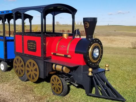 Our Trains | roundhouse-trackless Party Rental Business, Cardboard Train, Trackless Train, Barrel Train, Party Rentals Business, Electric Train Sets, Rental Business, Cabin Lighting, Kids Training