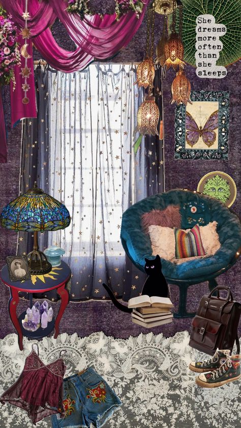 #gothicaesthetic #darkfairycore #bohemian #whimisgoth #whimsigothic Diy Whimsigoth, Whimsigothic Room, Urban Cottagecore, Whimsigoth Bedroom, Whimsigoth Home, Bella Core, 2000s Bedroom, Bohemian Witch, Whimsigoth Aesthetic