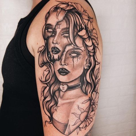 WHERE MY GEMINI’S AT?! 😈🔥 . Done at . . . . . . . . From: @melissa_rb.tattoo 📸 Credit: @spicyinkofficial @vladbladirons… | Instagram Female Mask Tattoo, Medusa Gemini Tattoo, Half And Half Face Tattoo, Deer Gemini Tattoo, Goth Goddess Tattoo, Lady Sleeve Tattoo, Scorpio Lady Tattoo, Two Faced Gemini Tattoo, Tattoos Of Goddesses