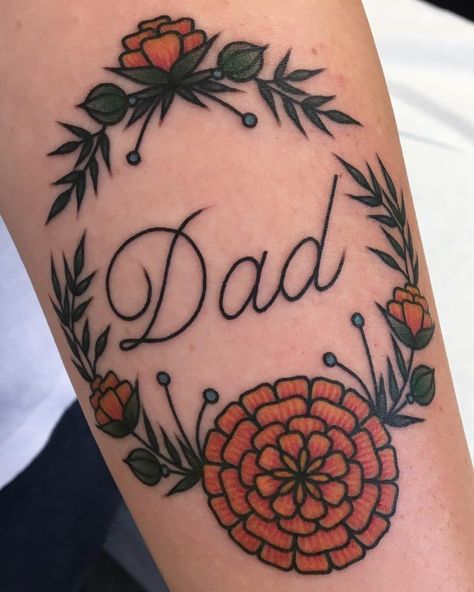 Vintage Botanical Tattoo, Marigold Tattoo, Dahlia Tattoo, Tribute Tattoos, Bouquet Tattoo, Mushroom Tattoos, Handpoke Tattoo, Botanical Tattoo, Tattoo Designs And Meanings