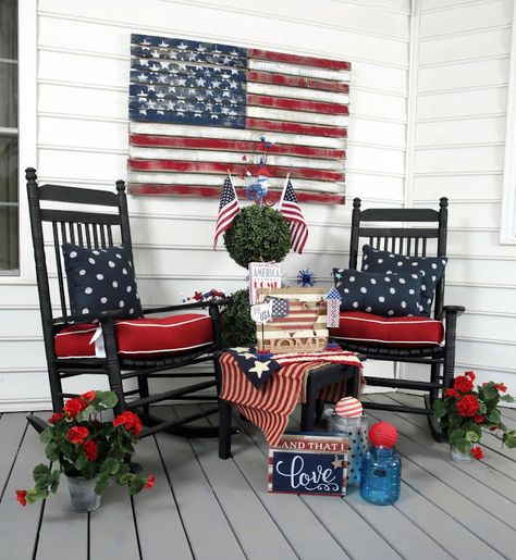 Farmhouse Front Porches Decorations, Patriotic Front Porch, Red White And Blue Decorations, Trees And Trends, Patriotic Porch, Blue Decorations, Summer Porch Decor, Living Colors, Porch Sitting