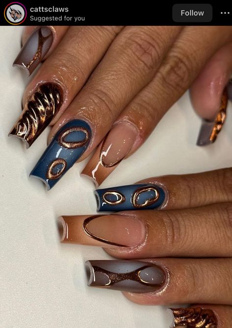 Bronze Chrome Nails, Nails Bronze, Chrome Nails Blue, Greek Goddess Nails, Blue Aura Nails, Acrylic Nails Fall, Fall Press On Nails, Goddess Nails, Aura Nails