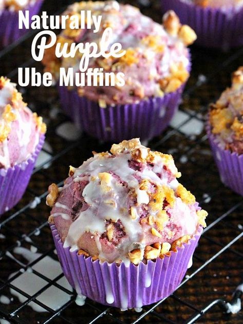 Ube Muffins are insanely delicious and naturally purple. Topped with toasted walnuts and brown sugar these are fun to make and fun to eat. #ube #muffins #brunch #purple #sweetandsavorymeals Ube Muffins, Ube Cupcake Recipe, Ube Dessert Recipe, Ube Recipes, Individual Cakes, Filipino Desserts, Toasted Walnuts, Food Cakes, Muffin Recipes