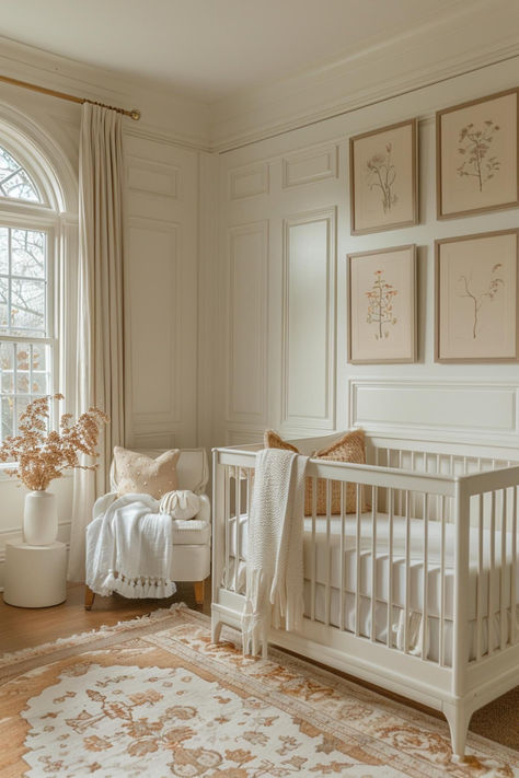 40 Cozy Boho Nursery Decor Ideas for Your Little One's Haven Neutral Colored Nursery Ideas, Nursery High Ceiling, Nursery Ideas Elegant, Modern European Nursery, Nursery Modern Neutral, Home Decor Ideas Nursery, Peaceful Nursery Ideas, Vintage Chic Nursery, Baby Girl Nursery Aesthetic