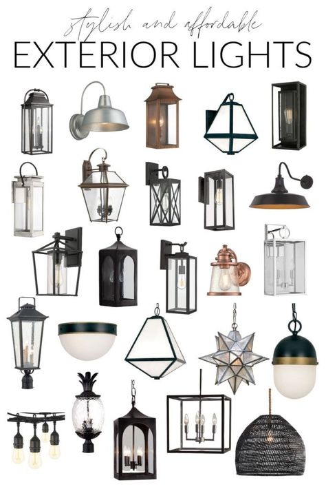 A huge collection of stylish and affordable exterior light fixtures for your home. Includes exterior wall mount fixtures, ceiling mount, post mount, and more in a variety of finishes and sizes! Exterior House Lights, Exterior Wall Light Fixtures, Farmhouse Outdoor Lighting, Front Door Lighting, Porch Light Fixtures, Front Porch Lighting, Life On Virginia Street, Exterior Lights, Exterior Light Fixtures