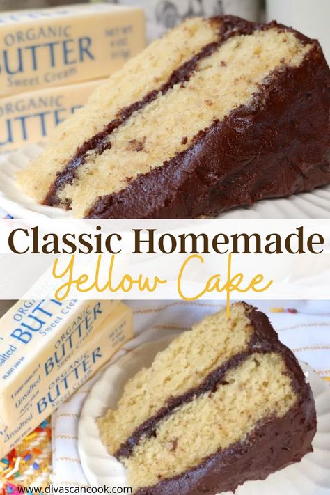 Easy Layer Cake Recipes, Homemade Yellow Cake, Easy Layer Cake, Homemade Chocolate Frosting, Yellow Cake Recipe, Chocolate Fudge Frosting, Easy Homemade Recipes, Chocolate Icing, Yellow Cake