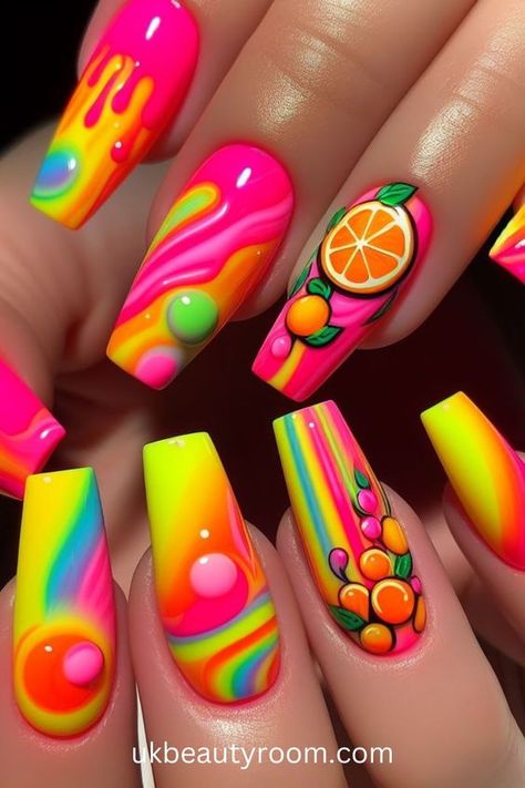 Themed Nails Designs, Bright Color Nail Designs, Satanic Nails, Neon Ideas, Bright Summer Nails Designs, Summer Nails 2024, Bright Nail Designs, Summer Designs, Bright Summer Nails