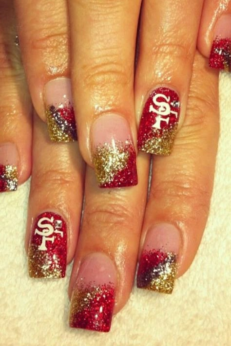 49ers Nail Ideas, Super Bowl Nails 49ers, 49 Ers Nails, San Francisco 49ers Nails, 49ers Nails Designs Nailart, Sf 49ers Nails, San Francisco 49ers Nails Design, 49er Nails Designs, Niners Nails