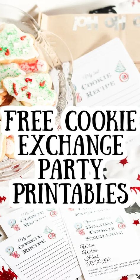 Free cookie exchange printables for your party! Grab these free printable invitations and recipe cards to have the best party ever! #cookieexchange #party #christmasparty #holidayparty Christmas Card Recipe Exchange, Recipe Exchange Ideas, Christmas Cookie Exchange Party Ideas Free Printables, Christmas Cookie Exchange Invitations, Cookie Swap Party Ideas, Cookie Exchange Party Invitations, Recipe Exchange Party, Cookie Exchange Games, Cookie Exchange Party Ideas