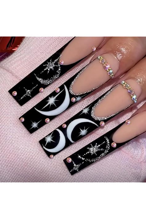 24 Pcs French Press on Nails Long Coffin Black Fake Nails Nude Pink Matte Acrylic False Nails Star Moon Pattern and Rhinestone Design Glitter Stick on Nails for Women Fake Nails Long, Black French Tips, Long Press On Nails, Nagel Tips, Nail Type, Coffin Press On Nails, Nail Forms, Nail Length, Nails Long