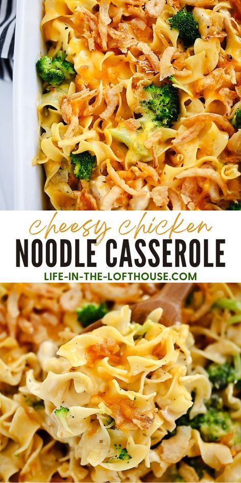 Cheesy Chicken Noodle Casserole is a creamy pasta dish with chicken, broccoli, and a crunchy topping. Chicken Recipes With Noodles, Creamy Chicken Noodle Casserole, Casserole Dish Recipes, Cheesy Chicken Noodle Casserole, Supper Meals, Comforting Casseroles, Chicken Pasta Dishes, Chicken Noodle Casserole, Creamy Pasta Dishes