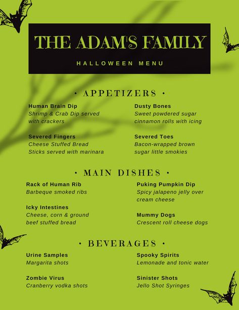 Movie Night Menu Ideas Halloween, Addams Family Dinner Ideas, Adams Family Themed Dinner, Addams Family Recipes, Addams Family Dinner Party, The Addams Family Movie Night, Addams Family Theme Party Food, Addams Family Themed Snacks, Adams Family Movie Night Food