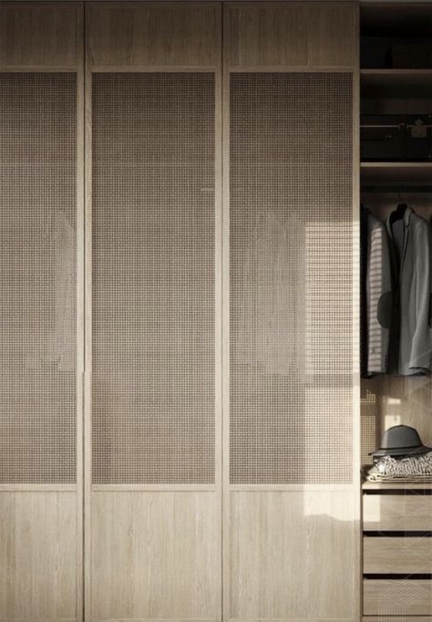 Wardrobe With Cane, Japandi Wardrobe Sliding Door, Timber Walk In Robe, Japandi Walk In Closet Design, Japandi Sliding Wardrobe, Japandi Closet Doors, Very Small Dressing Room, Rattan Built In Wardrobe, Japandi Sliding Door