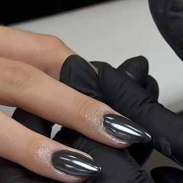 ALBA on Instagram: "Jet black & Magic pearl white from @blueskykosova 🧚‍♀️" Pearl And Black Nails, Black Pearl Nails Design, Black Pearlescent Nails, Pearl Nails Black, Black And Pearl Nails, Black Nails With Pearls, Black Pearl Nails, Black French Nails, Black Almond Nails