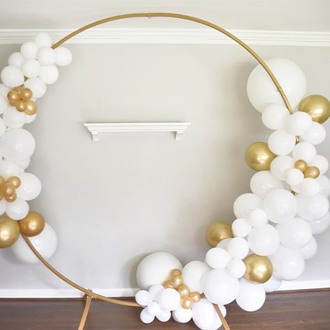 Bridal Shower Circle Balloon Arch | Party City Ballon Arch 50th Anniversary, Balloon Arch Round Backdrop, Wedding Balloon Circle Arch, Balloon Arch On Gold Ring, Balloon Hoop Wedding, Diy Balloon Ring Stand, Gold Ring Balloon Arch, Balloon Garland On Hoop, Gold Hoop Balloon Backdrop