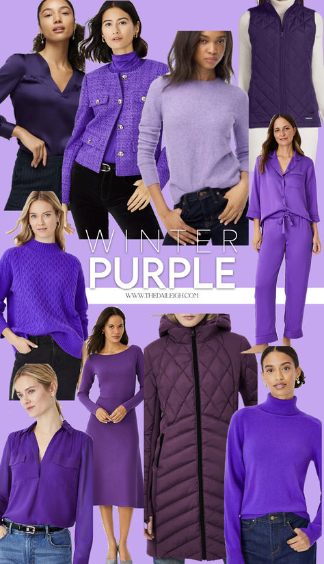 how to wear purple in winter Winter Purple Outfit, Purple Winter Outfit, Trendy Purple Pants For Winter, Fitted Purple Winter Outerwear, Dark Winter Purple, Winter Purple Outerwear, Urban Purple Winter Outerwear, Wardrobe Basics List, Mom Wardrobe Essentials