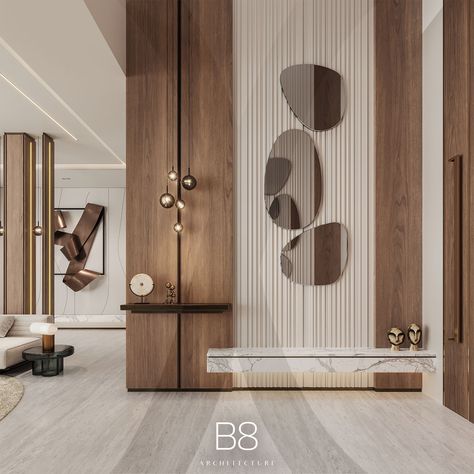 Villa Amaya / Interior Design - B8 Architecture and Design Studio Minimalistic Ceiling Design, Foyer Design Minimalist, Double Height Foyer Design, Interior Details Drawing, Burj Khalifa Apartment, Foyer Design Modern Entrance, Wall Paneling Modern, Wood Wall Paneling Modern, Marble Wall Design