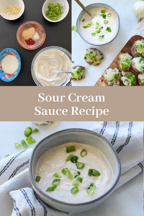 This Sour Cream Sauce is so delicious drizzled over enchiladas, tacos, burritos or dunk potatoes or chicken wings right into this creamy sauce. It's so easy to whip up in just minutes and it adds some serious flavor! Sour Cream Sauce For Burritos, Sour Cream Sauce For Tacos, Green Chili Chicken Soup, Chicken Fajita Wraps, Quick Appetizer Recipes, Buffalo Chicken Quesadilla, Poblano Sauce, Quick Appetizer, Green Chili Chicken