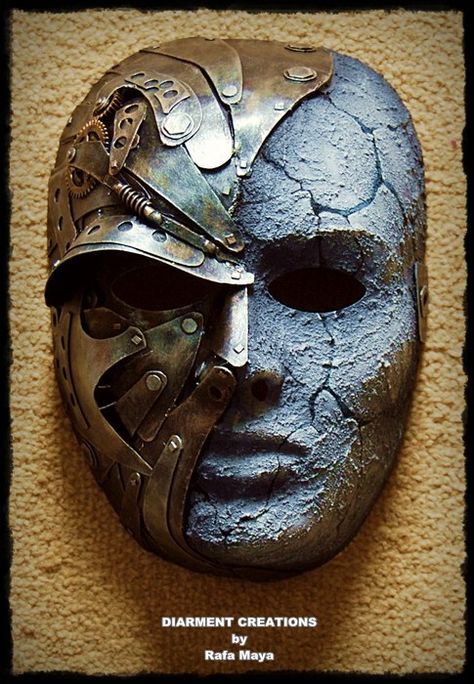 Steampunk Metal Stone Mask  Handmade,  Size: full face.  Materials: cardboard, plastic, recycled parts and paint. Mask Steampunk, Steampunk Mask, Steampunk Heart, Metal Mask, Diesel Punk, Venetian Masks, Cool Masks, Gothic Steampunk, Masks Art