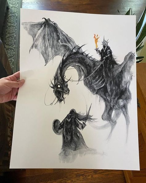 ink creature drawing Hobbit Dragon, Scary Creatures, I Am No Man, Witch King Of Angmar, Lotr Tattoo, Lord Of The Rings Tattoo, Medieval Tattoo, John Howe, Books And Movies