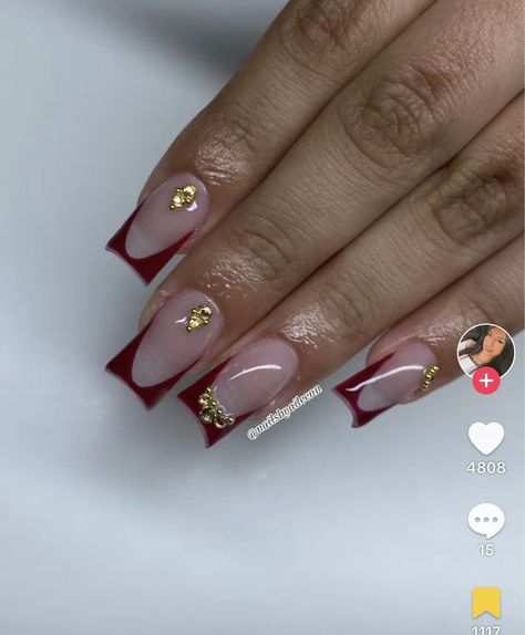 Red And Gold French Tip, Red Golden Nails, Short Red And Gold Nails, Gold French Tip, Red And Gold Nails, Golden Nails, Gold Nails, Red And Gold, Red Nails