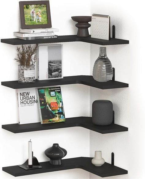 Amazon.com: NIIAKLE Floating Corner Shelves for Wall Set of 4, Corner Wall Mounted Shelf for Wall Décor Storage, Rustic Wood Shelves for Room, Bathroom, Bedroom & Kitchen - Black : Home & Kitchen Black Corner Wall Shelves, Black Shelving, Corner Floating Shelves, Rustic Wood Shelves, Shelf For Wall, Corner Bathroom, Wall Mounted Shelf, Shelves For Wall, Floating Corner Shelves