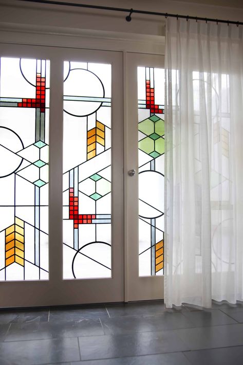 Modern Stained Glass Panels, Frank Lloyd Wright Stained Glass, Porch Interior, Stained Glass Project, Church Interior Design, Modern Stained Glass, Door Design Images, Stained Glass Door, Door Glass Design