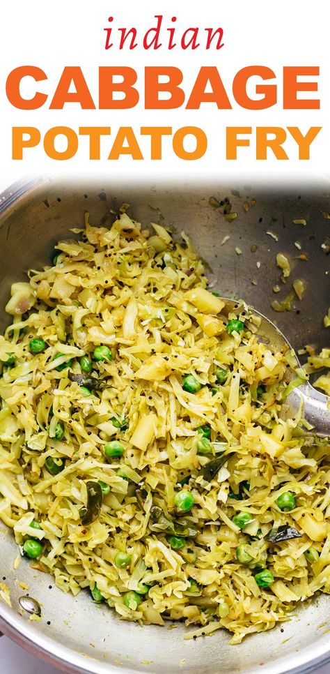 Indian potato cabbage fry is a simple recipe that combines chopped potatoes, cabbage and green peas with simple spices to make a delicious side dish. Perfect for St Patricks Day if you want something vegetarian. It goes well with dal, rice or rotis. #recipe #pattagobhi #indianfood #indiandishes  via @my_foodstory Rotis Recipe, Cabbage Fry, Potato Cabbage, Potatoes Cabbage, Dal Rice, Clean Dinner Recipes, Clean Dinners, Indian Side Dishes, Cabbage And Potatoes