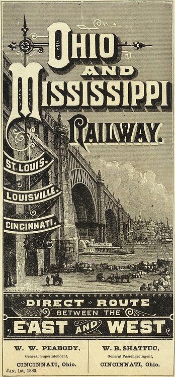 Old poster of the Oho and Mississippi Railway operating from Cincinnati to Louisville to St. Louis. Vintage Railroad, Logos Retro, Railroad Art, Train Posters, Railway Posters, Poster Ads, Vintage Type, Vintage Train, Old Ads