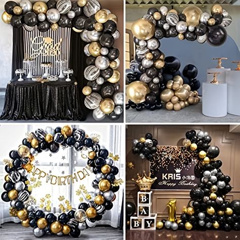 Gold And Silver Balloon Garland, Black Gold Balloon Arch, Black And Gold Party Decorations, Birthday Decorations For Men, Black And Gold Balloons, Balloon Arch Kit, 50th Birthday Decorations, Silver Birthday, Gold Party Decorations