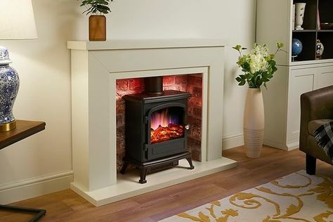 Endeavour Fires Farlington Electric Fireplace, Black Log Burner Stove in 48’’ Off White Surround, LED Downlights with Remote Control (White Top/Rustic Brick) : Amazon.co.uk: DIY & Tools Traditional Electric Fireplace Ideas, Brick Electric Fireplace, Brick Effect Panels, Electric Fireplace Ideas, Empty Fireplace Ideas, Empty Fireplace, Electric Stove Fireplace, Electric Log Burner, Electric Fire Suites