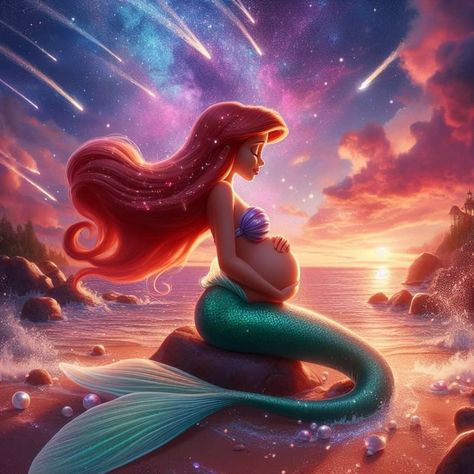 Pregnant Mermaid Drawing, Pregnant Mermaid Art, Pregnant Mermaid, Ariel Bebe, Romantic Disney, Realistic Disney Princess, Disney Moms, Dark Disney Art, Cartoon Eyes Drawing