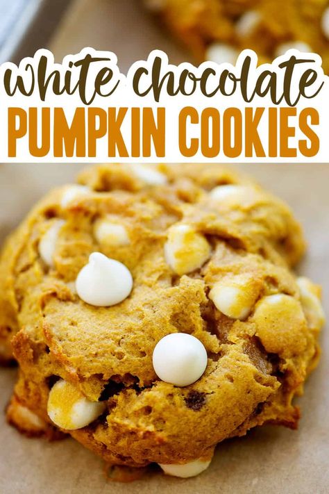 Our chewy pumpkin white chocolate chip cookies are a favorite every Fall. Perfectly spiced, so moist, and dotted with white chocolate chips - these pumpkin cookies are hard to resist! Pumpkin Spice Cookies With White Chocolate Chips, White Chocolate Chip Pumpkin Cookies, White Chocolate Pumpkin Cookies, Pumpkin White Chocolate Chip Cookies, Chocolate Pumpkin Cookies, White Choc Chip Cookies, Soft Pumpkin Chocolate Chip Cookies, Salted Caramel Toffee, Pumpkin White Chocolate