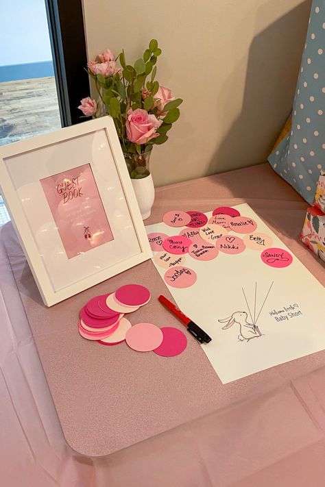 Shades of pink guest book idea for a baby shower Babyshower Decoration Ideas Girl, Babyshower Ideas For Girl, Baby Pink Party Decorations, Pink Themed Baby Shower Ideas, Pink Theme Baby Shower Ideas, Shades Of Pink Baby Shower Ideas, Baby Shower Inspo Girl, Babygirl Baby Shower Theme Ideas