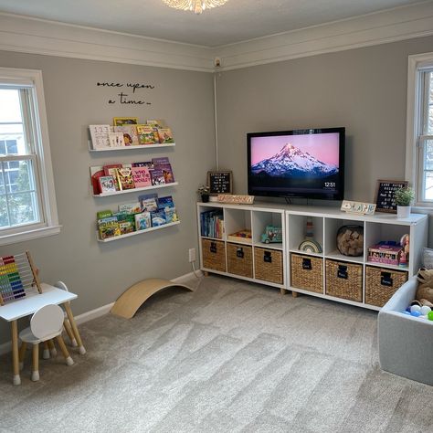 The kids new playroom is 99% done! Here are some stills of their LV playroom. I had so much fun creating this space for them for endless hours of play. Let me know what you think 🤍 comment play for links! #homedesign #renovation #roommakeover #playroom #playroominspo #playroomdecor #diy Playroom No Windows, Small Playroom Inspiration, Tv In Playroom, Playroom With Nugget Couch, Boy And Girl Playroom, Playroom And Office Combo, Playroom And Bedroom Combined, Toddler Playroom Ideas Small Spaces, Older Kids Playroom Ideas