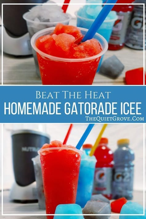 Keep your family happy and hydrated with these easy to make Gatorade Icee's. They are delicious and best of all can be made in a ton of fun flavors!  #DrinkRecipe #Homemade #Icee #SummerRecipe Gatorade Slushie Recipe, How To Make Homemade Icees, Homemade Icees, How To Make Slushies Homemade, Gatorade Slushie, Diy Slushies Recipes, Gatorade Popsicles, Hydrating Summer Drinks, Frozen Gatorade